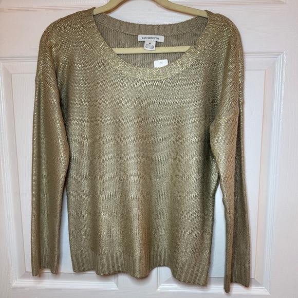 LIZ CLAIBORNE 
GOLD METALLIC CREWNECK CABLE KNIT SWEATER 
SZ MEDIUM - Picture 1 of 7